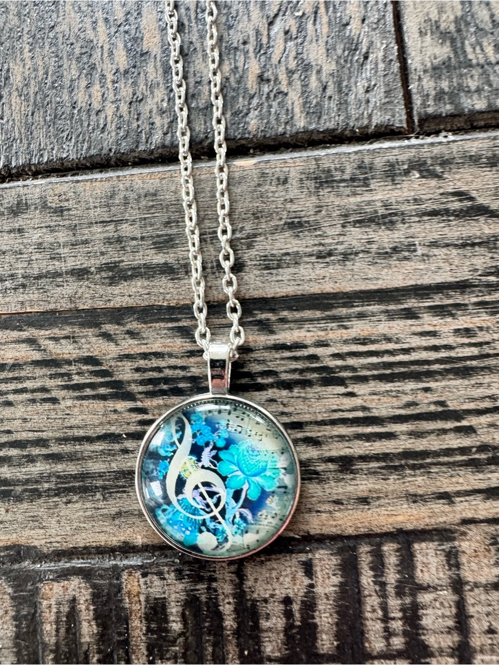 Silver Pendant Necklace with Blue Floral Treble Clef